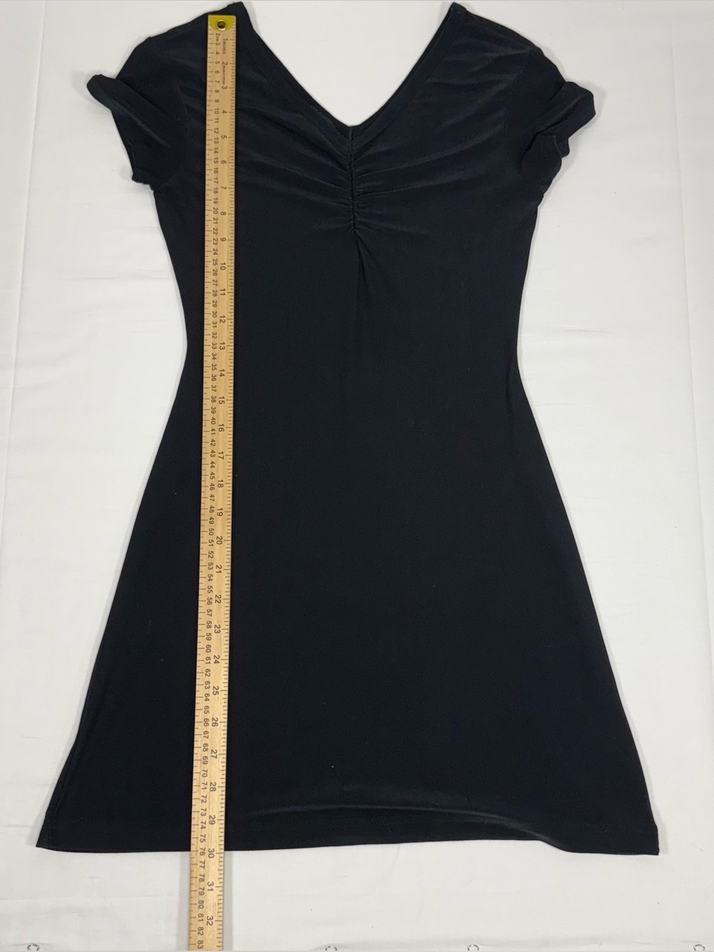 Fitted French Curve Black Polyester Ruched V-Neck Cap Sleeve Mini Dress Size S S - Picture 6 of 8